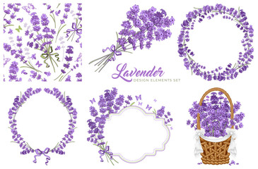 Set of vintage floral design elements with lavender flowers. Circle frame, seamless pattern, bouquet, label template and flowers in the basket. Vector illustration. - obrazy, fototapety, plakaty