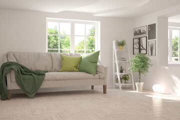 White living room with sofa and summer landscape in window. Scandinavian interior design. 3D illustration