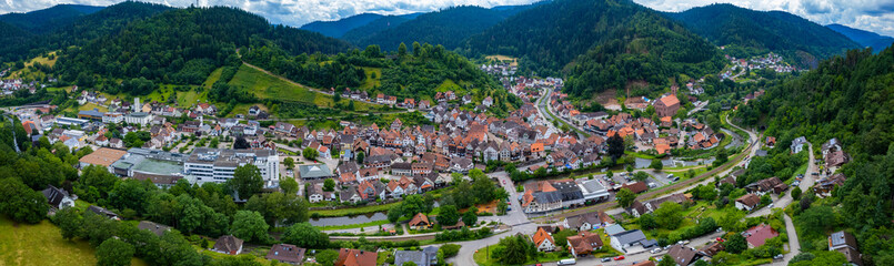 Aerial view of the city Schiltach in Germany in the black forest on a sunny day in spring. 