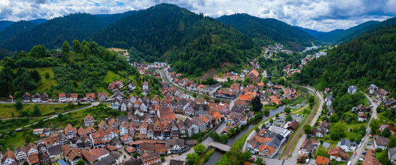 Aerial view of the city Schiltach in Germany in the black forest on a sunny day in spring. 