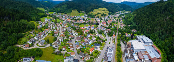 Aerial view around the city Schenkenzell in Germany. On sunny day in spring