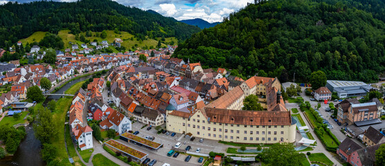 Aerial view of the city Wolfach in Germany in the black forest on a sunny day in spring. 