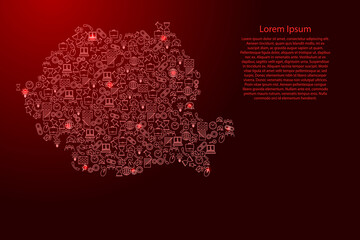 Romania map from red and glowing stars icons pattern set of SEO analysis concept or development, business. Vector illustration.