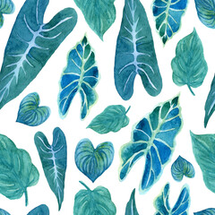 Fototapeta premium Seamless pattern with lush greenery of tropical plants. Hand painted background with bright watercolor elements