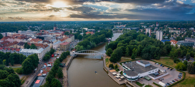 Cityscape of Tartu town in Estonia. Aerial view of the student city of Tartu. Summer evening view.