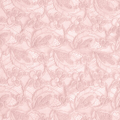 Fototapeta na wymiar Pastel pink lace fabric with a floral ornament. A feminine background best for invitations or wedding designs.
