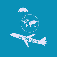 Airplane, world map, umbrella - vector. Travel insurance technology. Insurtech concept. Logo