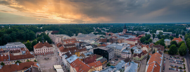 Cityscape of Tartu town in Estonia. Aerial view of the student city of Tartu. Summer evening view.