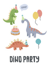 Cute dino birthday party poster. Creative kids vector illustration for fabric, textile, apparel, nursery wall.