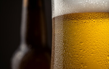 Close up of a full beer glass cold beer condensation with a defocused bottle detail