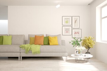 Soft color living room with sofa. Scandinavian interior design. 3D illustration