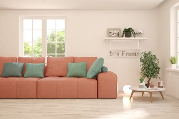 Minimalist living room in white color with sofa and summer landscape in window. Scandinavian interior design. 3D illustration