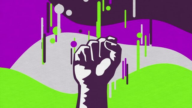 Cartoon abstract male character fist rising up on bright wavy background. Animation. Concept of super heroes, comic books and movies.
