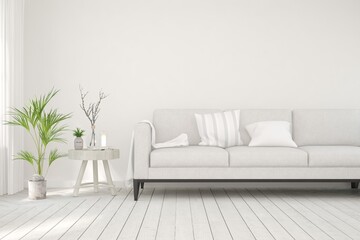 White living room with sofa. Scandinavian interior design. 3D illustration