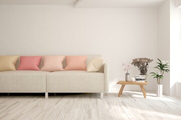 White living room with sofa. Scandinavian interior design. 3D illustration