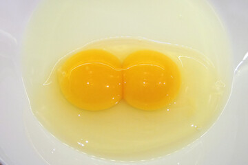 A close-up of two yolks and egg white, white background