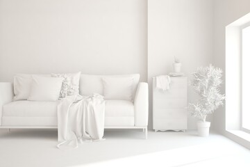 White minimalist living room with sofa. Scandinavian interior design. 3D illustration