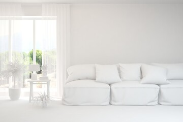 Mock up of stylish room in white color with sofa and green landscape in window. Scandinavian interior design. 3D illustration