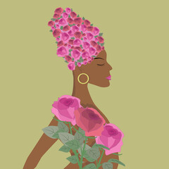 Illustration of african woman with hair fllowers, roses, golden, style, lipstic, haircut, ear rings