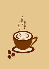 Vector illustration of a hot cup of coffee with coffee beans on a beige background.