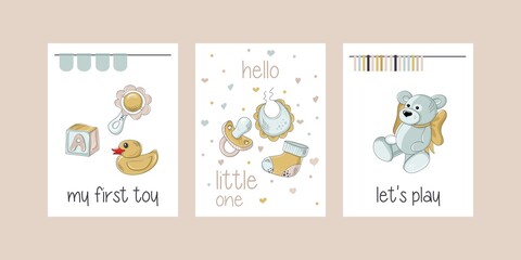 Fototapeta na wymiar Baby print collection. Milestone cards set for newborn. Childish card or poster. Ideal for kids room decoration, clothing, prints, anniversary. All objects are separated. Vector illustration.