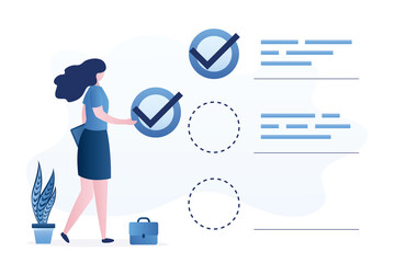 Fototapeta premium Checklist for completed tasks. Time management. To do list or office day planner. Project checkbox or achievement list. Businesswoman holds tick sign