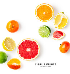 Fototapeta na wymiar Lemon, lime, grapefruit, tangerine and orange citrus fruits creative layout.