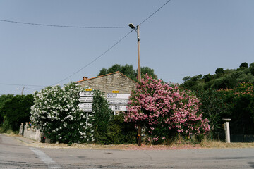 Photo d'une intersection prise en Corse, elle montre les différentes directions possibles et les villes vers lesquelles il est possible d'aller en suivant les routes à disposition