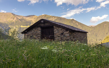Obraz premium typical mountain house made of stone that has been abandoned in the mountains and is surrounded by overgrown grass.