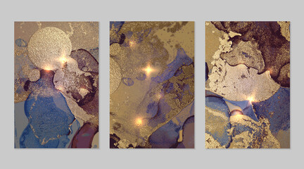 Marble set of gold, blue and purple backgrounds with texture. Geode pattern with glitter. Abstract vector backdrops in fluid art alcohol ink technique. Modern paint with sparkles for banner, poster