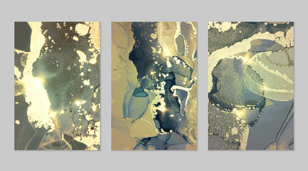 Marble set of gold, green, blue and turquoise backgrounds with texture. Geode pattern with glitter. Abstract vector backdrops in fluid art alcohol ink technique. Modern paint with sparkles for banner
