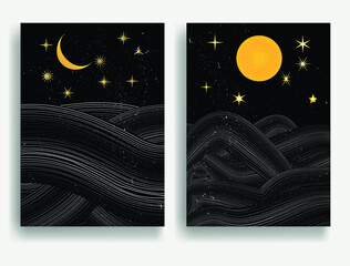 Poster with wavy lines background . Ocean, moon and starry night . Asian style  . Trendy brochure . Vector illustration .