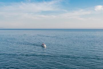 Naklejka premium Top view of boat sailing at high speed. Aerial view of boat in motion on blue water.