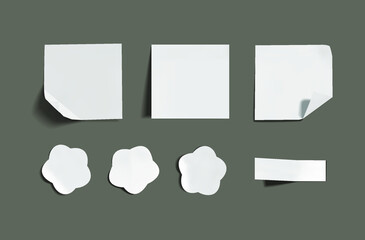 Vector Set of Memo Stickers, White Paper, Design Elements Isolated on Gray Background.
