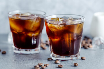 Iced coffee with ice cubes in glass