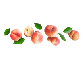 Juicy peaches with green leaves isolated on white background