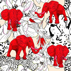 Seamless vector illustration of the tropics with elephants, cheetahs, hummingbirds. Jungle pattern wallpaper, interior, textiles