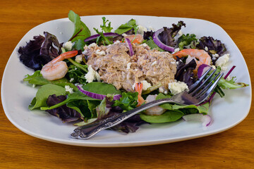 healthy salad with tuna and shrimp