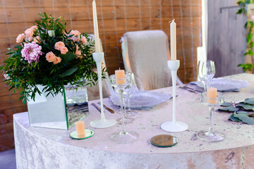 Festively served table at restaurant for a banquet.