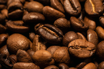 Coffee grains of different varieties close-up. Coffee