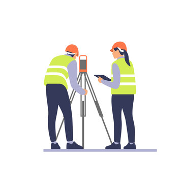 Surveyor engineers with equipment, theodolite or total positioning station on the construction site. Vector illustration.