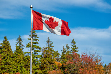 Canadian flag flying in a brisk wind over an autumn landscape. - 448630140