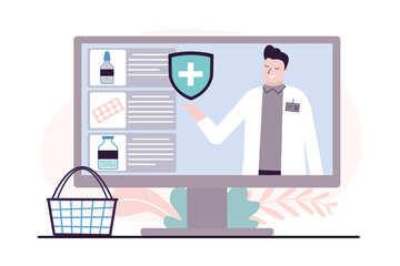 Online pharmacist helps with drugs. Application for buying medicines on computer screen