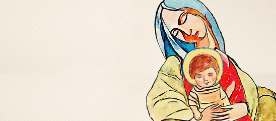 Virgin Mary and child Jesus. Watercolor christian banner