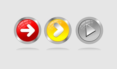 3D Arrow sign icon set. Simple circle shape internet button on gray background. Contemporary modern style