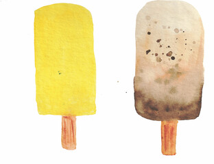 Watercolor ice cream. yellow ice cream. brown ice cream