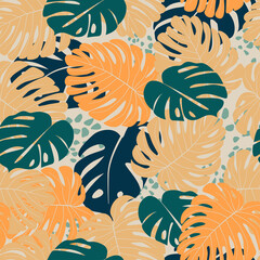 Fototapeta na wymiar Seamless pattern of tropical, contemporary, exotic leaves monstera, plants, flowers. Bright, summer print for fabrics, textiles, and design. Vector graphics.