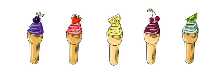 Complete collection of cartoon summer delicious ice cream in flat style. Vector illustration. Bright summer poster with sweet food.