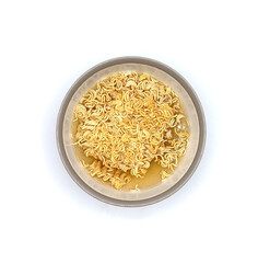 top view of Instant noodles in bowl isolated on white background