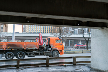 ruck transit in Moscow, large cargo transport in the center of city,